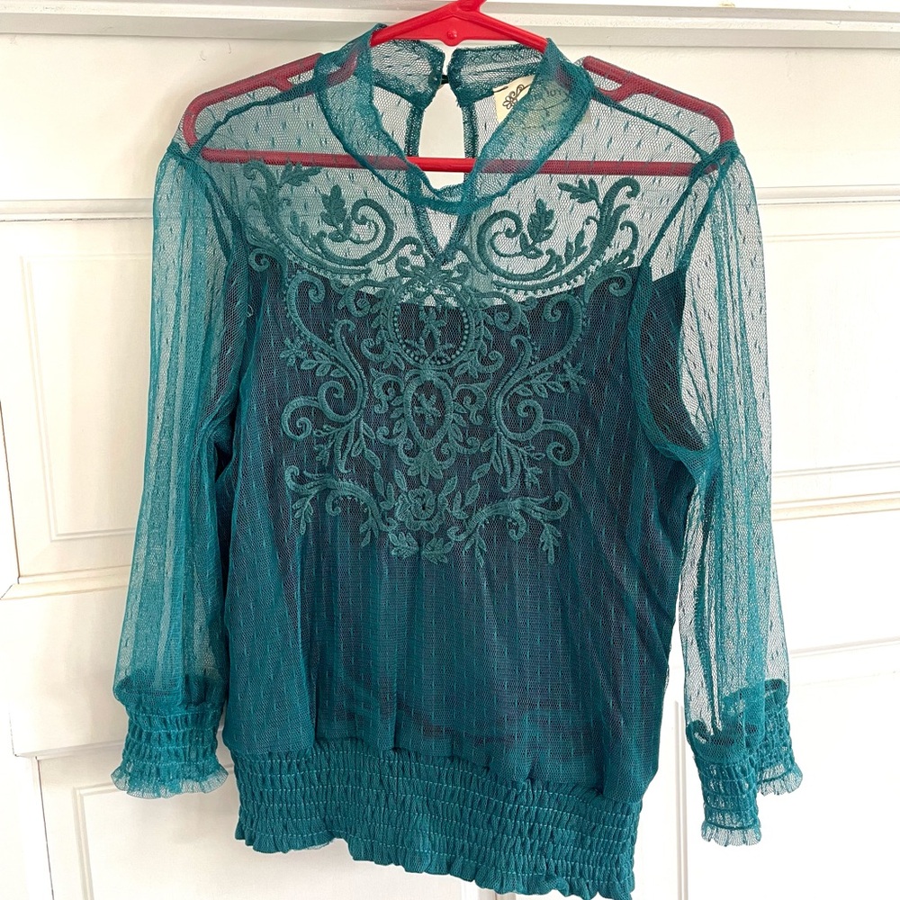 Mia Joy  by Joyfolie girls size 8 Teal Embroidered Sheer Blouse